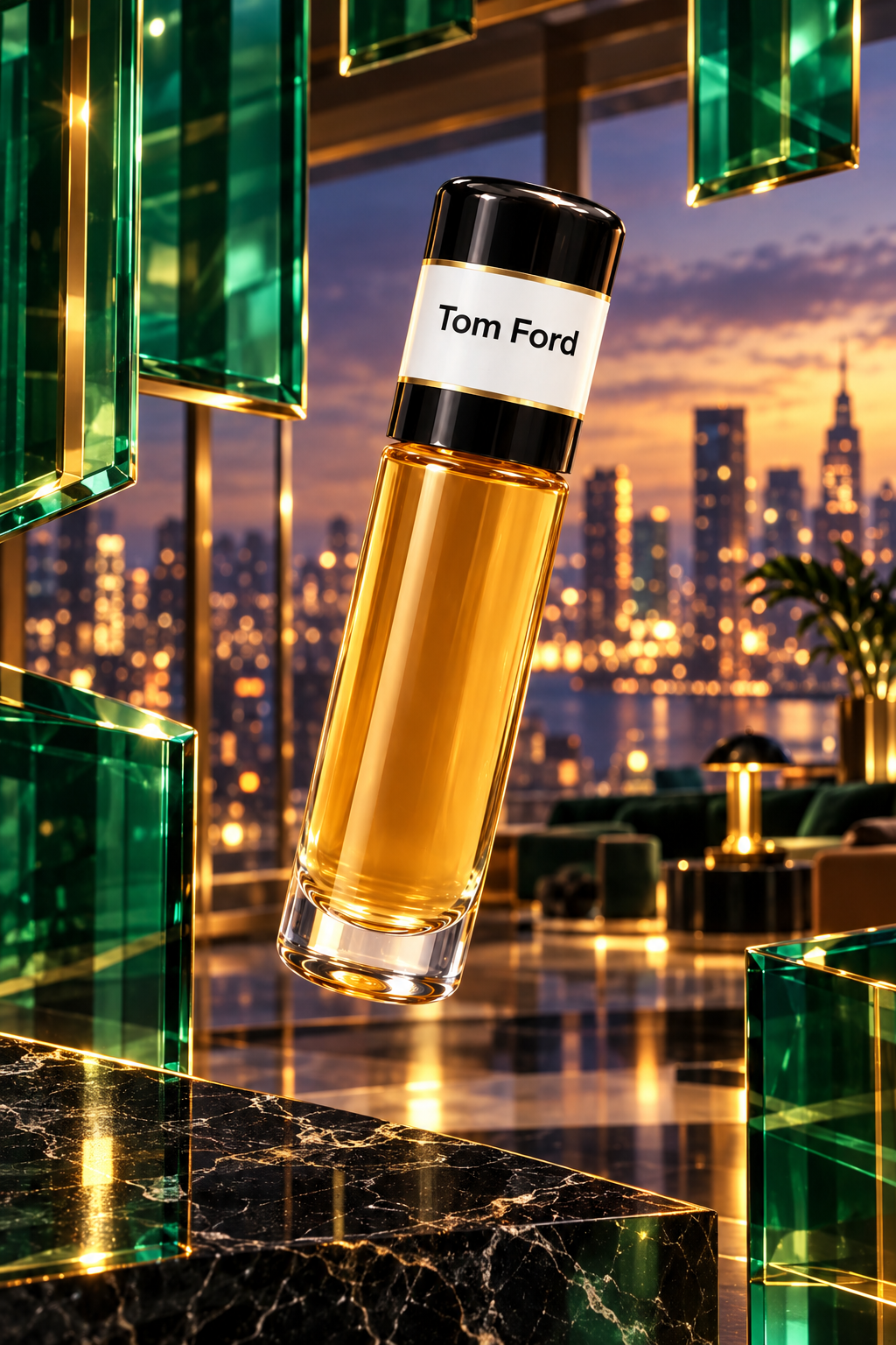 Tom Ford fragrance in an emerald penthouse scene with evening city lights