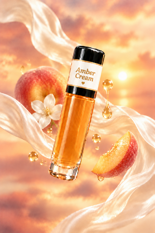 Amber Cream fragrance bottle with floating ivory silk against a peach and honey sunset background.