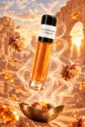 Frankincense and Myrrh fragrance in a golden desert with stone arches, a bronze incense bowl and translucent smoke