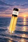 Burberry Weekend fragrance bottle against a twilight blue ocean with fading amber sunset and gentle sea mist.