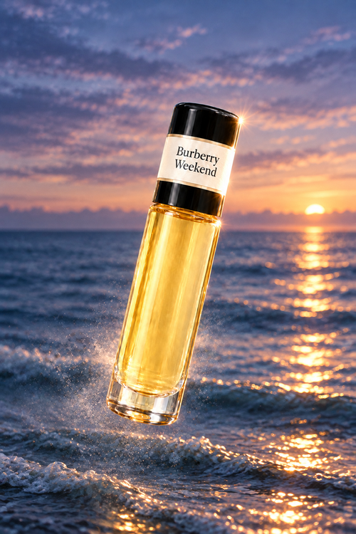 Burberry Weekend fragrance bottle against a twilight blue ocean with fading amber sunset and gentle sea mist.