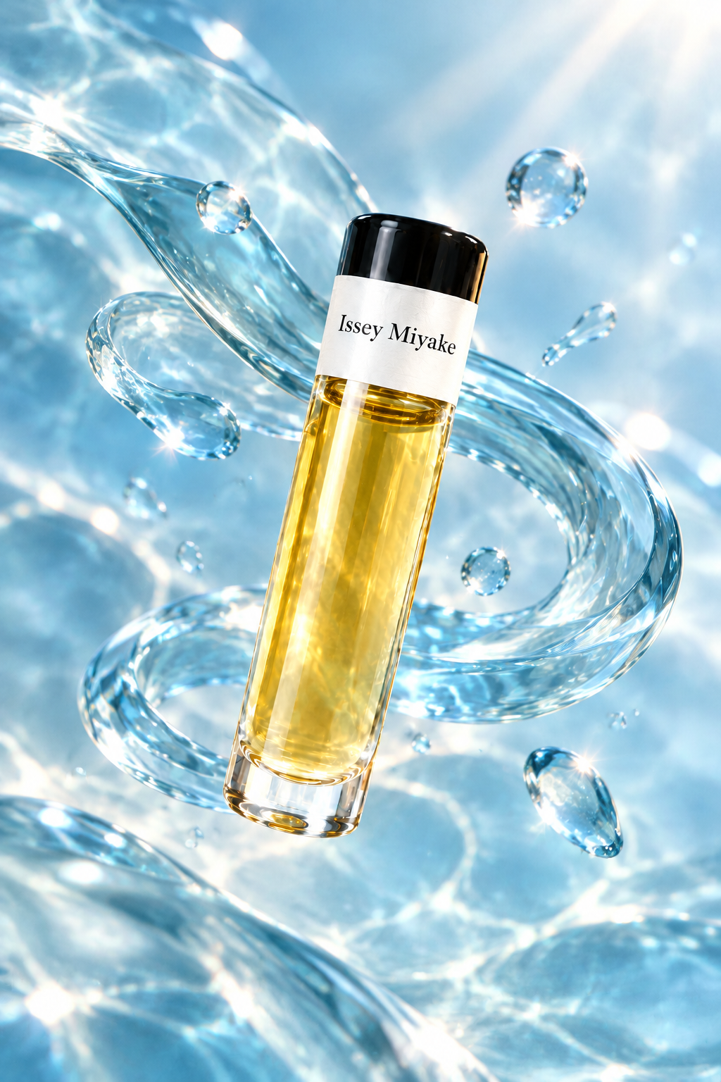 Issey Miyake fragrance bottle floating among icy blue waves