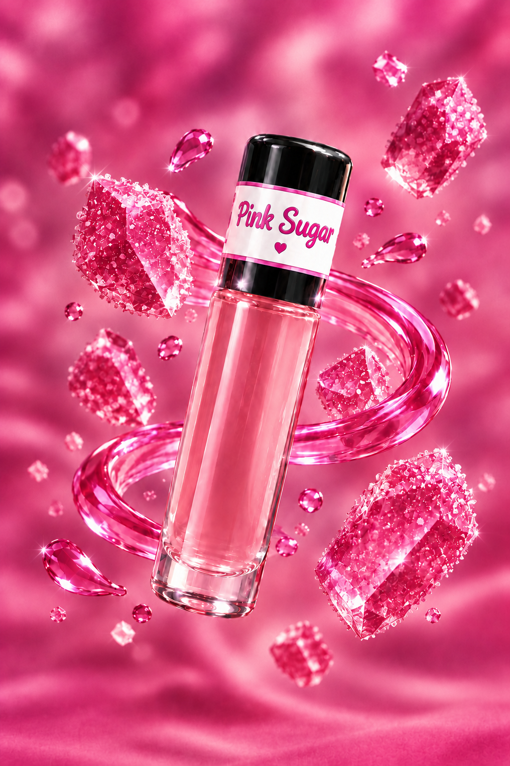 Pink Sugar fragrance bottle surrounded by luminous deep pink crystals.