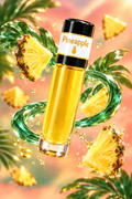 Pineapple fragrance with emerald tropical leaves, pineapple slices and peach-coral sunset hues