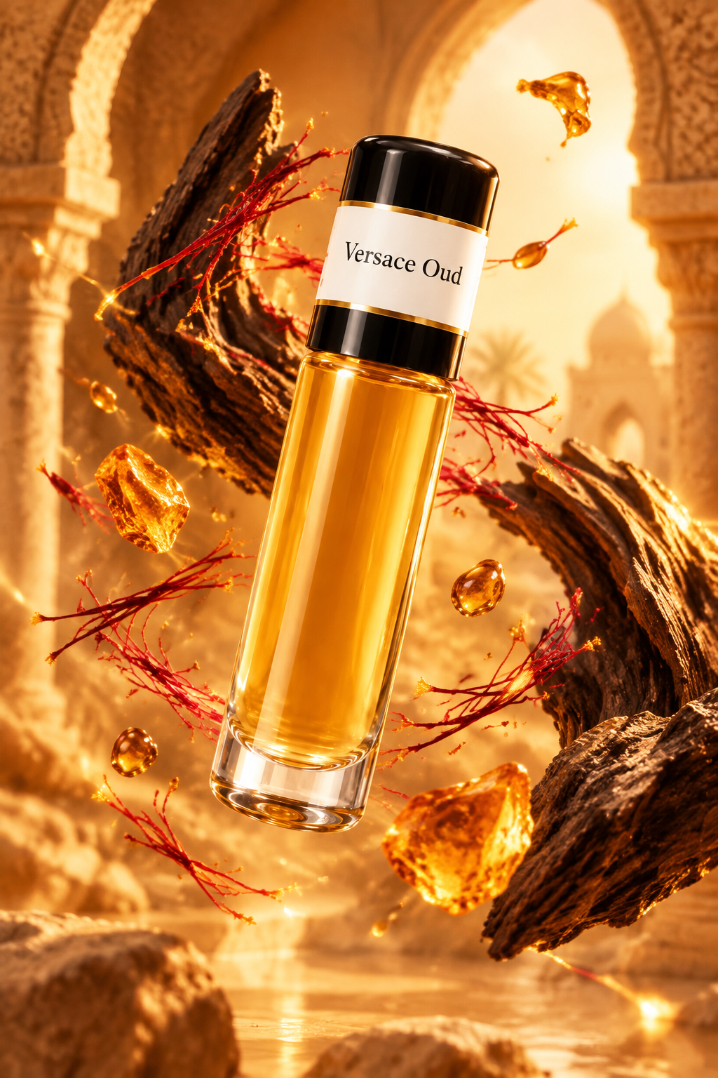 Versace Oud fragrance in an amber-lit stone sanctuary with wood and saffron accents