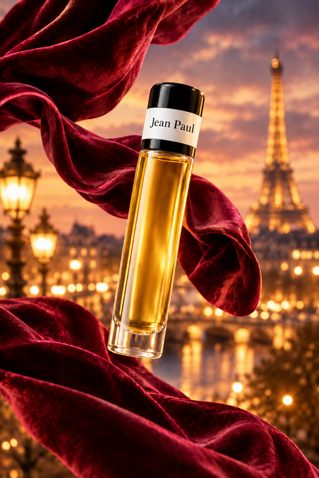 Jean Paul fragrance bottle with burgundy velvet against Paris at sunset