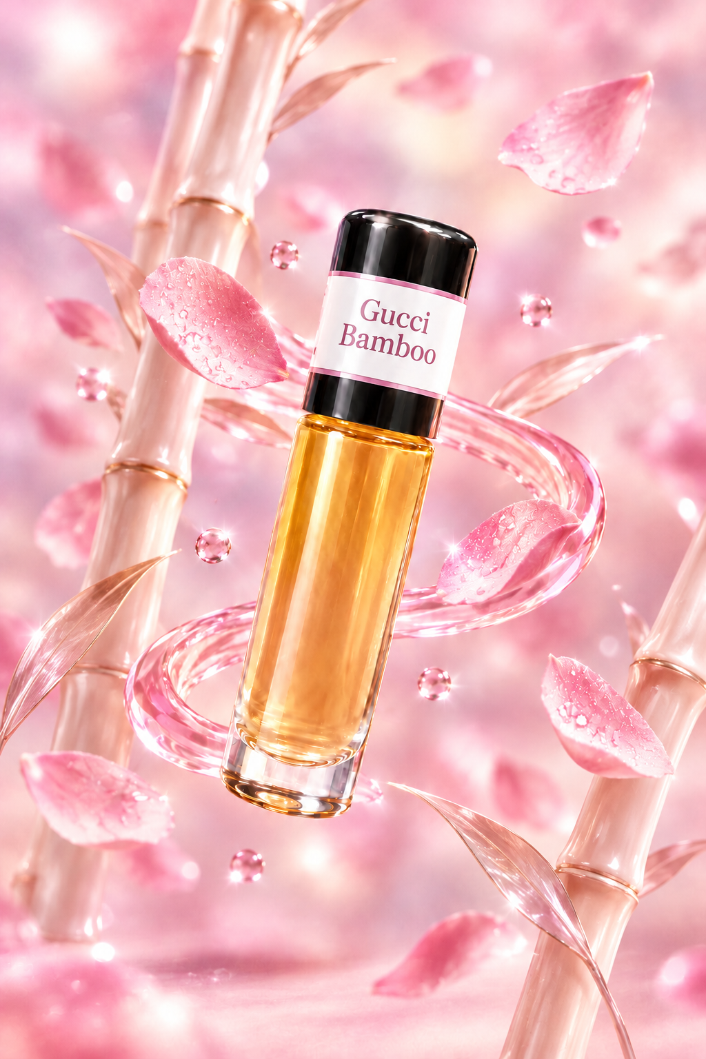 Gucci Bamboo fragrance artwork with pale bamboo and pink petals in a blush atmosphere.