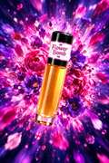Flower Bomb fragrance bottle amid an outward burst of magenta and violet flowers against an indigo background.