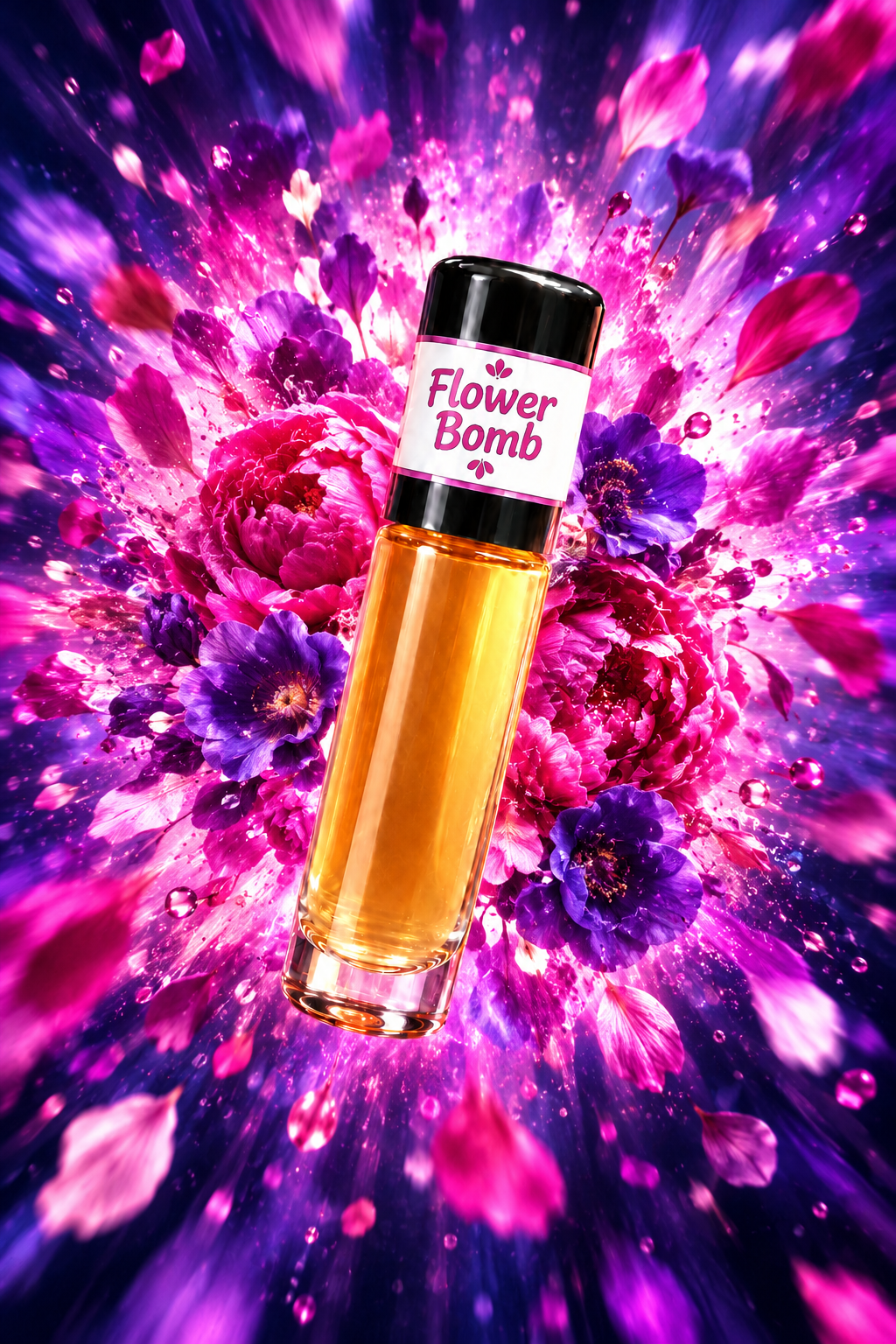 Flower Bomb fragrance bottle amid an outward burst of magenta and violet flowers against an indigo background.