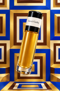 Gucci Guilty fragrance bottle against bold cobalt and gold repeating geometric squares