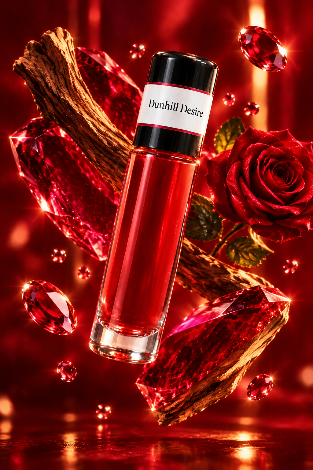 Dunhill Desire red fragrance bottle with teakwood, a whole rose and ruby elements