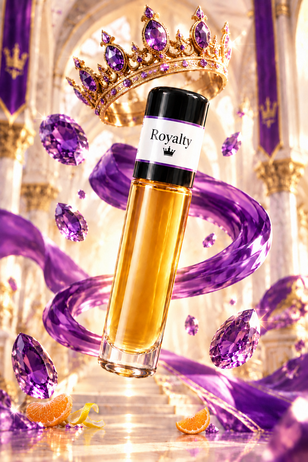 Royalty fragrance with an amethyst jeweled crown, ivory palace arches and subtle citrus accents