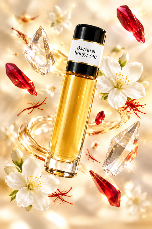 Baccarat Rouge 540 fragrance with prominent white jasmine, saffron and ruby-colored crystal prisms