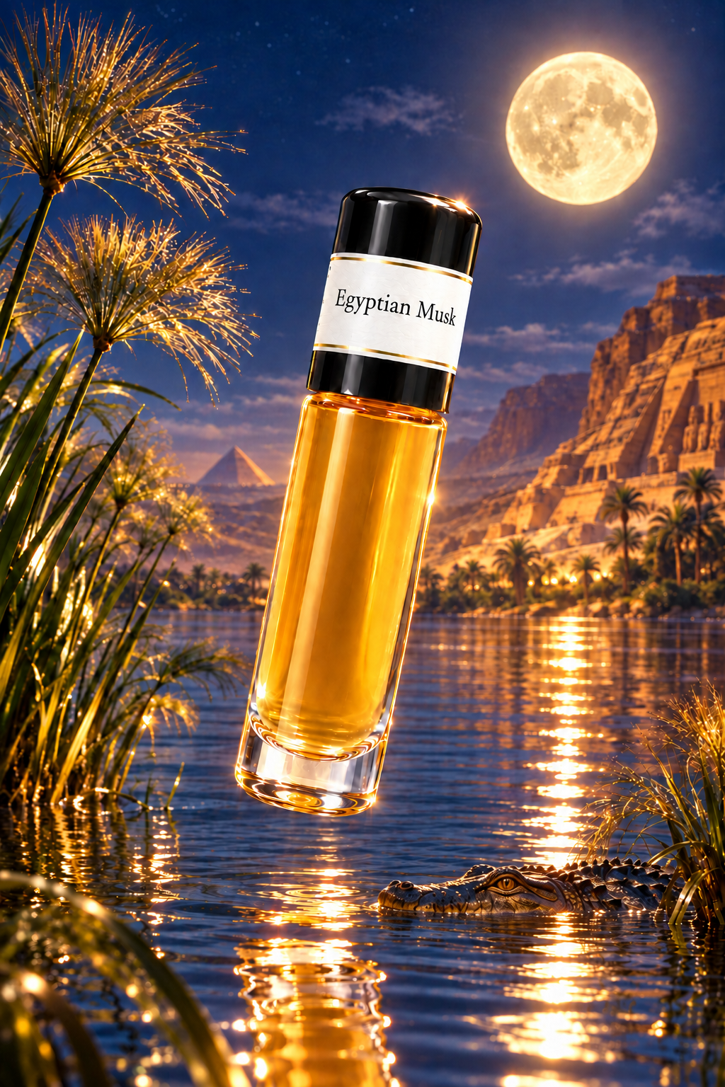 Egyptian Musk fragrance above a moonlit Nile scene with papyrus, a distant pyramid and crocodile