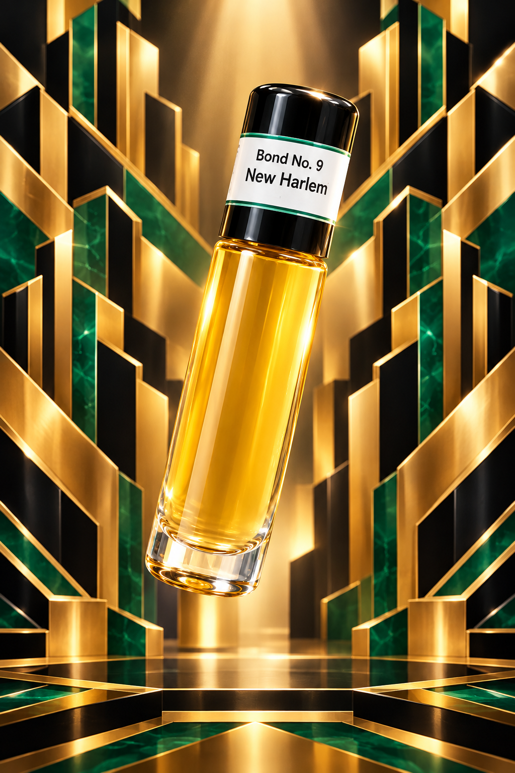 Bond No. 9 New Harlem fragrance with gold, black and emerald Art Deco architecture