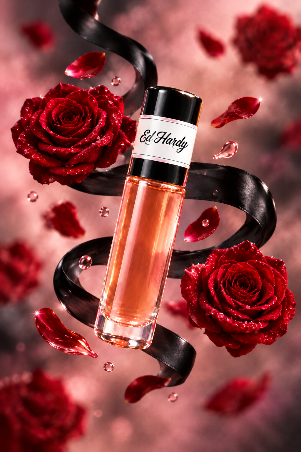 Ed Hardy fragrance bottle with deep red roses and black satin accents.